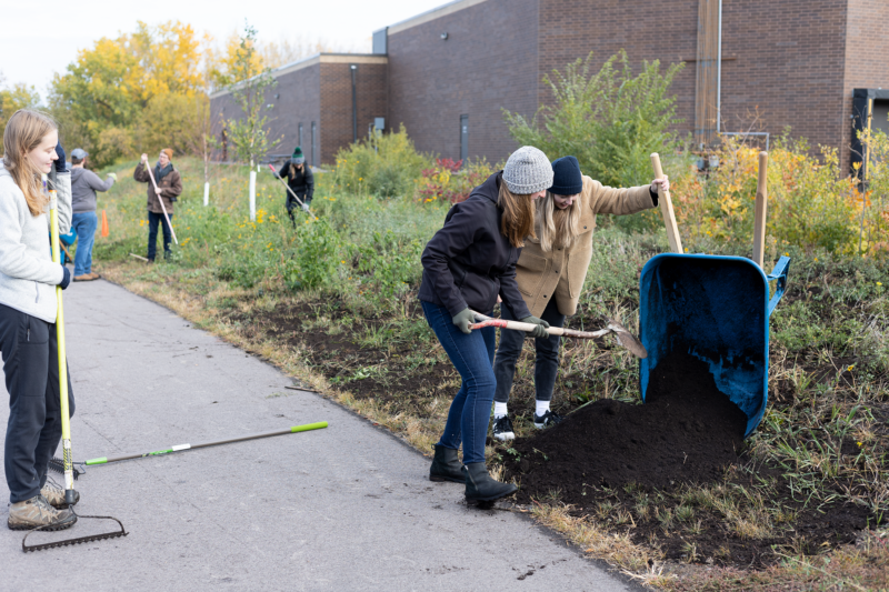 people volunteering to spread compost over flowers