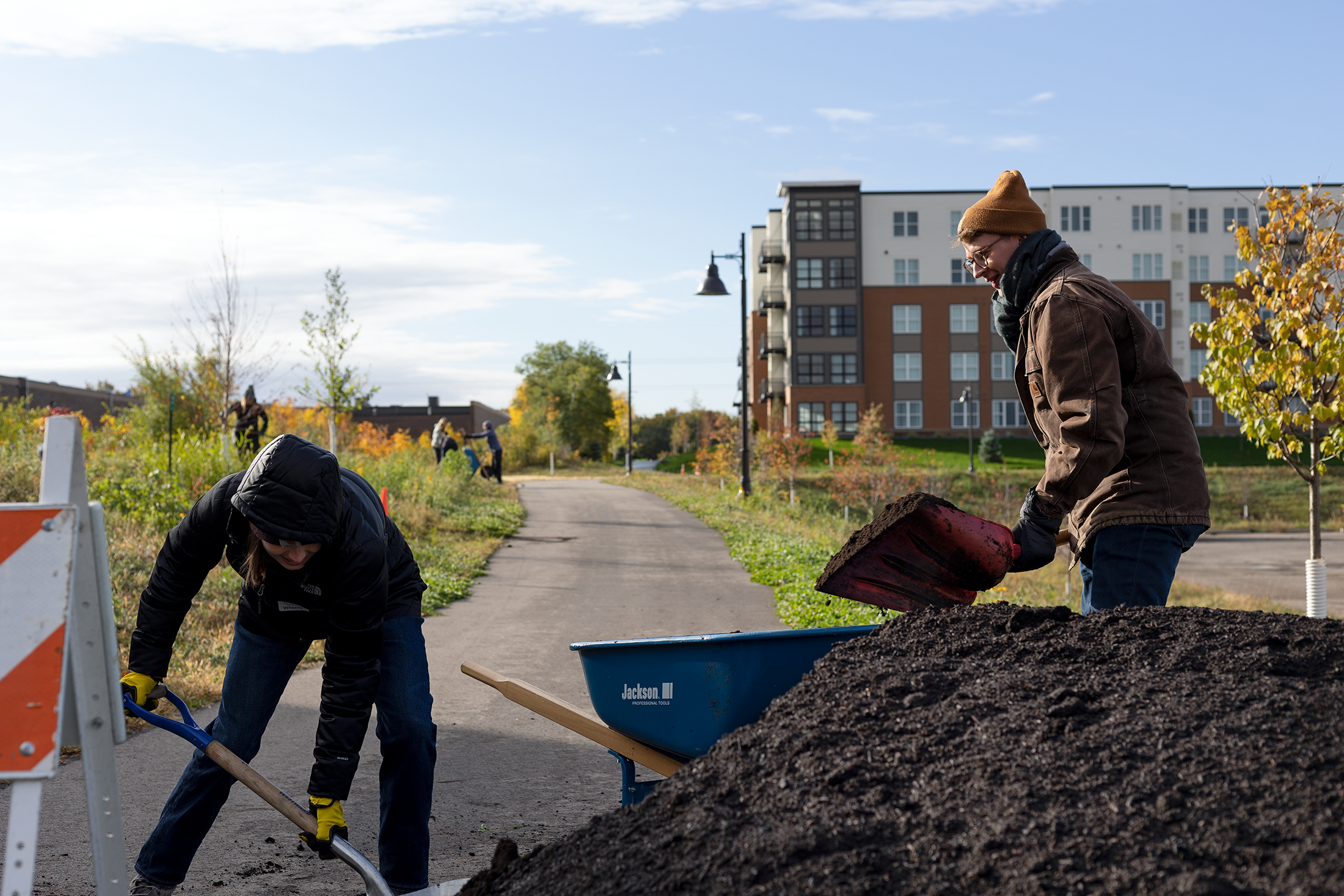 volunteers spreading compost